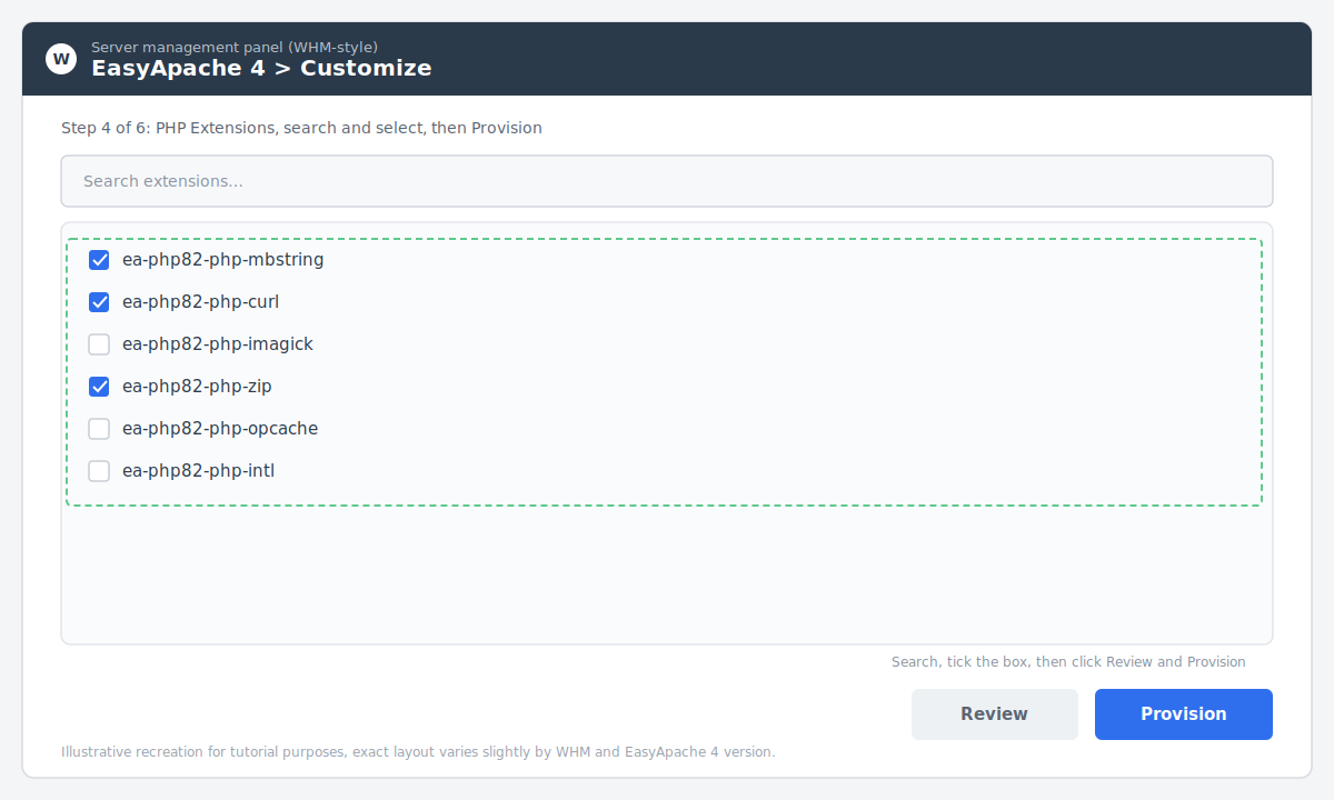 EasyApache 4 Customize screen in WHM showing a searchable list of PHP extensions with several selected