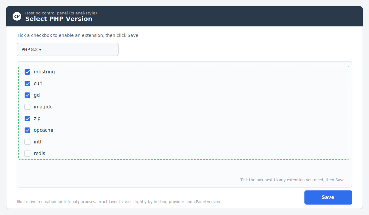 Select PHP Version screen in cPanel showing a checklist of PHP extensions with several enabled