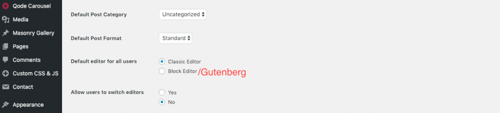 Writing settings Editor option Disable Gutenberg Editor in WordPress 5.0
