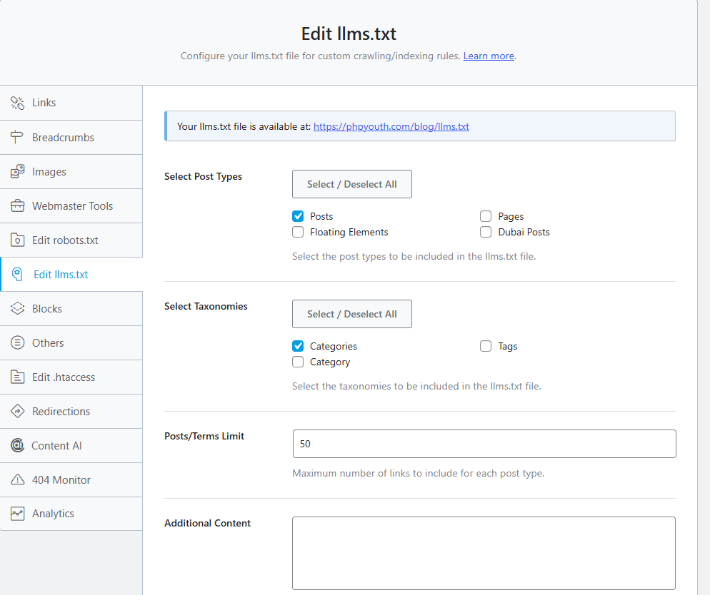 llms txt Generator llms.txt rank math seo features
