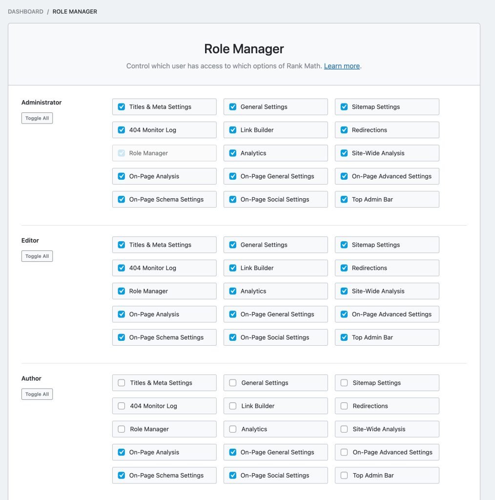 role manager settings Role Manager rank math seo features