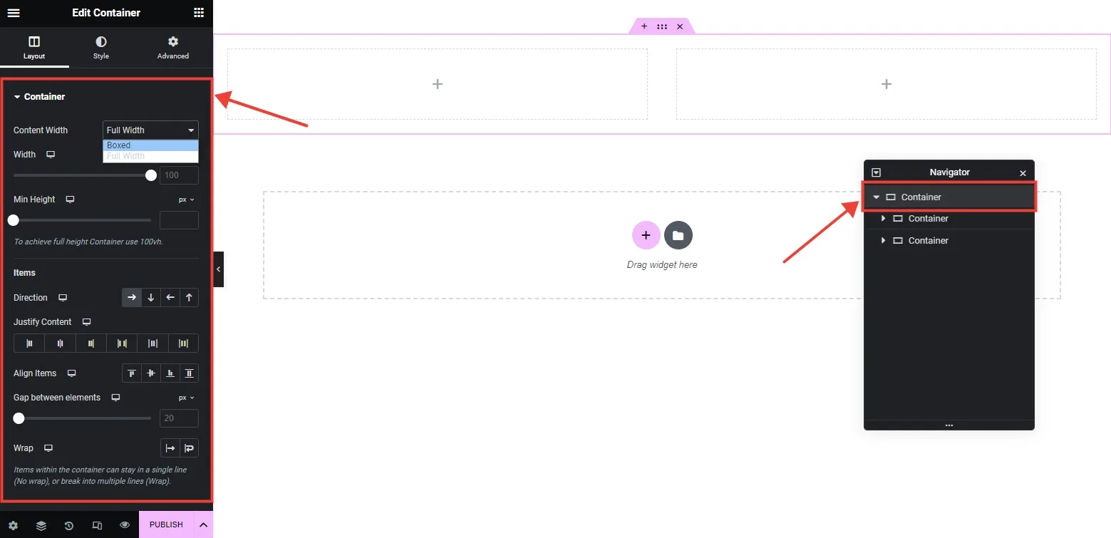 Adding widgets to a container in Elementor