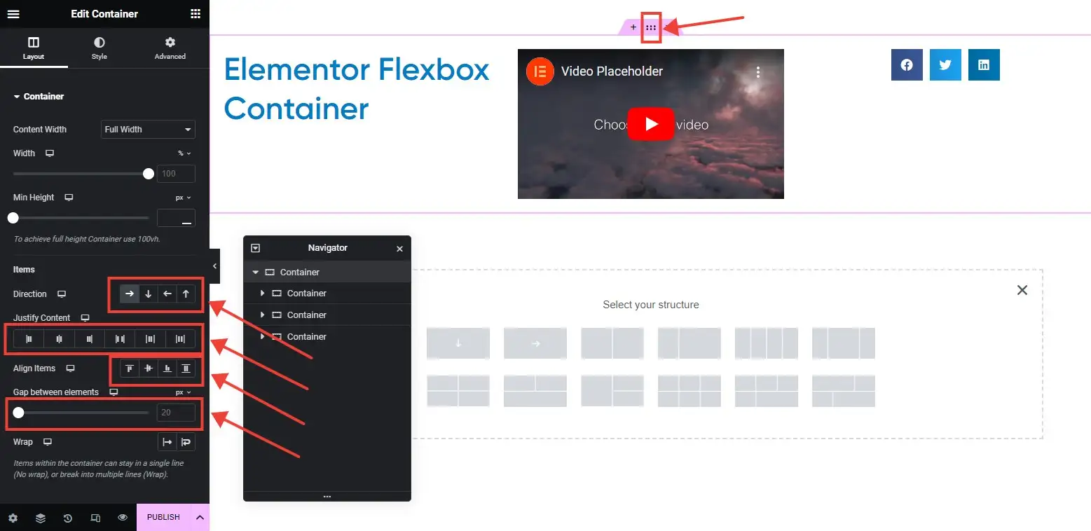 Elementor flexbox container direction align justify content settings