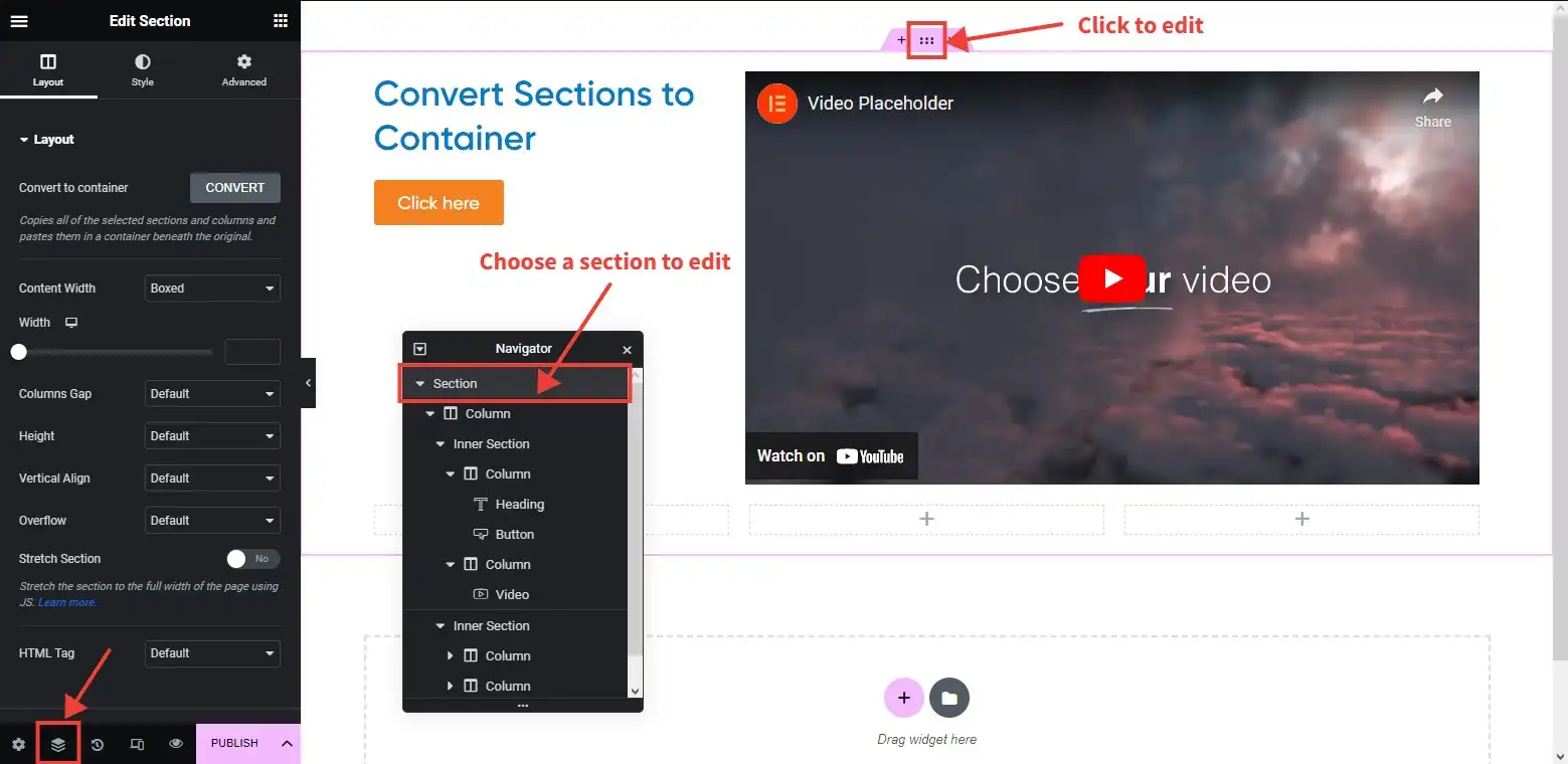 select section to convert into Elementor flexbox container