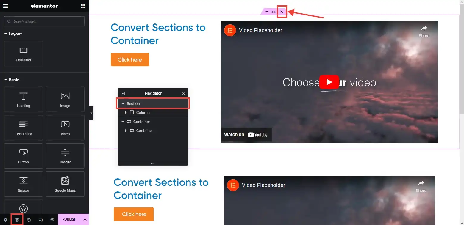 delete old section after converting to Elementor flexbox container
