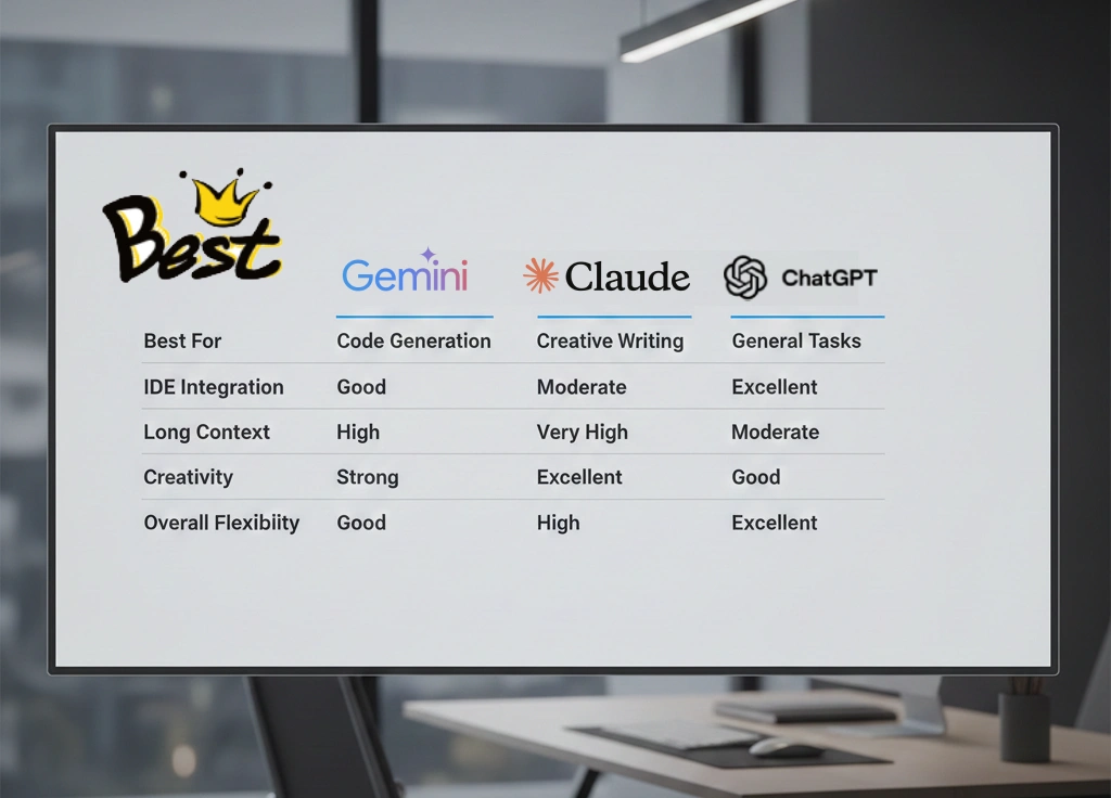 Gemini vs Claude vs GPT comparison chart img Feature comparison table Gemini Code Assist vs Claude vs GPT for developers