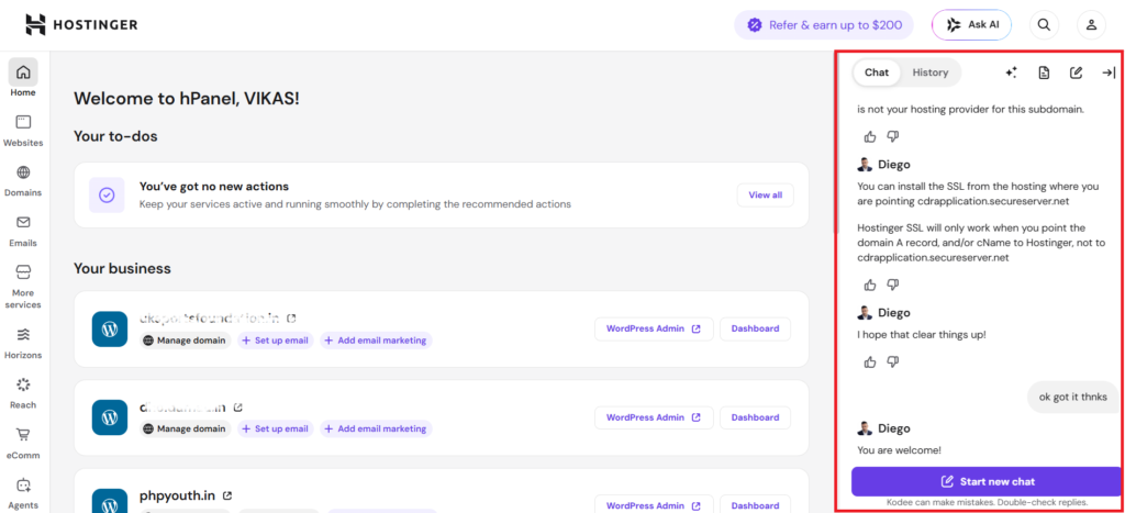 Customer Support hostinger review 2026