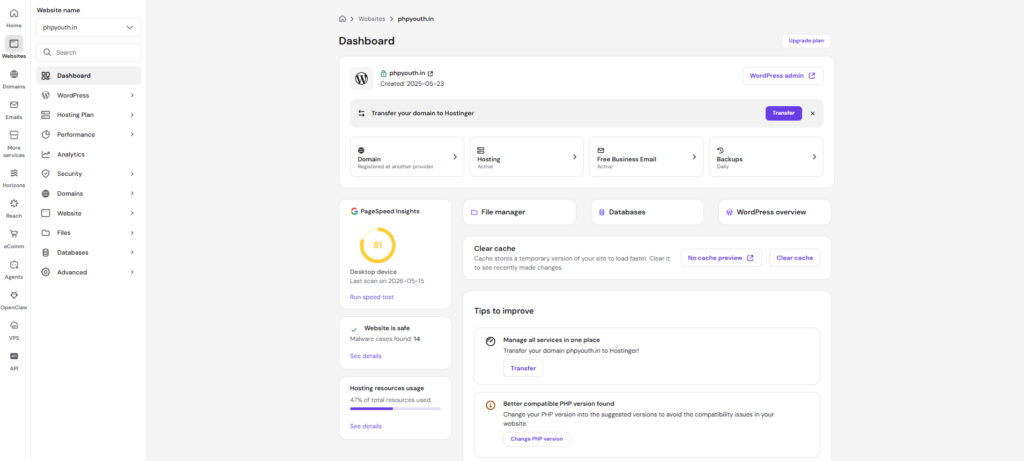 hPanel hostinger review 2026
