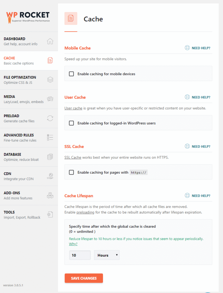 WP Rocket caching plugin settings for WordPress — page cache GZIP and lazy load enabled