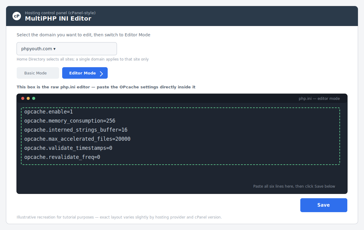 MultiPHP INI Editor screen showing the OPcache settings pasted into Editor Mode before clicking Save